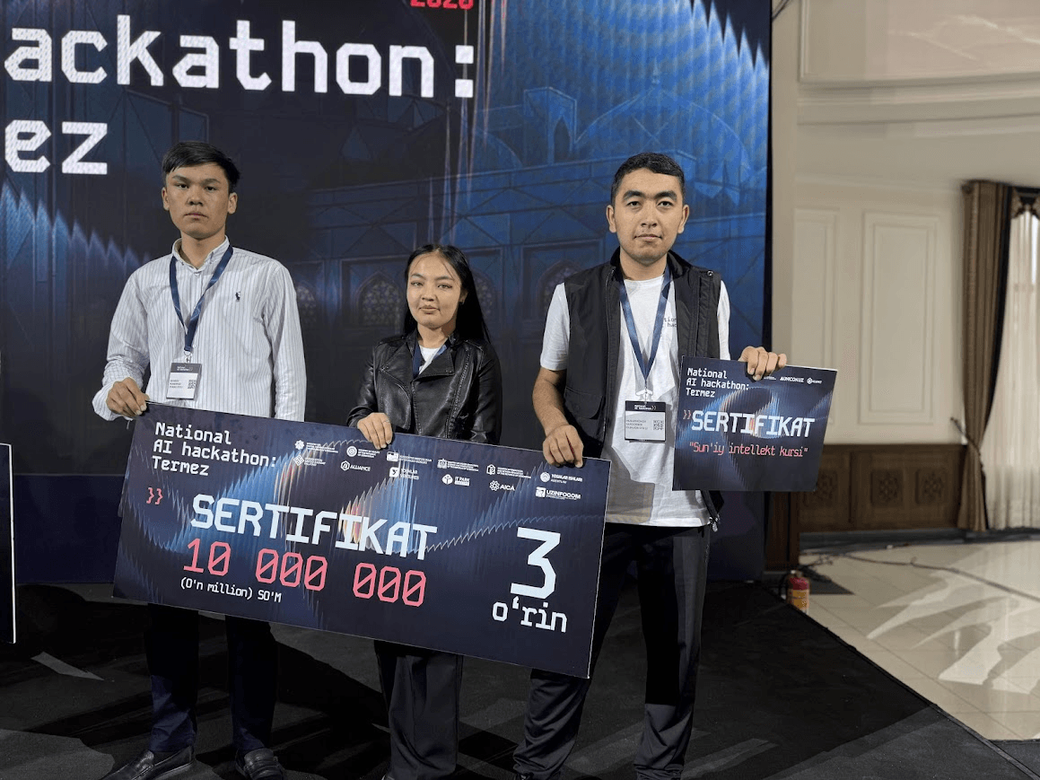 GREEN OPS team at the National AI Hackathon Termez stage holding third place certificate